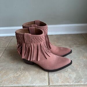 FRYE Sacha Short Fringe Suede Ankle Bootie 
Rose Pink
